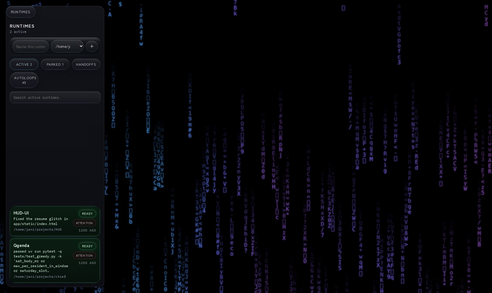 The HUD console: a dark interface with a runtime rail on the left showing two agent cards with READY status chips and synopsis text, against a black field of falling neon glyphs in cyan, blue, and violet.